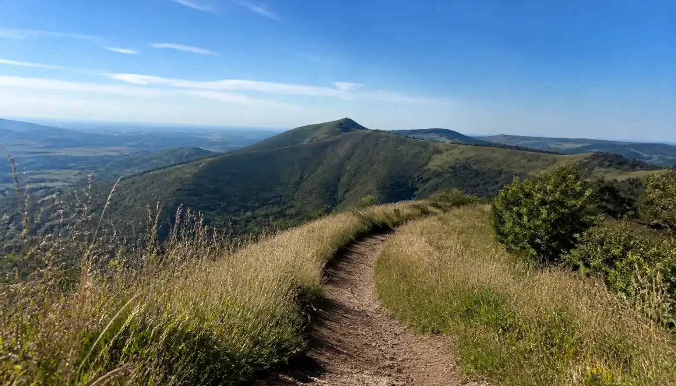 Chaîne des Puys en Auvergne, sentier de randonnée entre les volcans verts