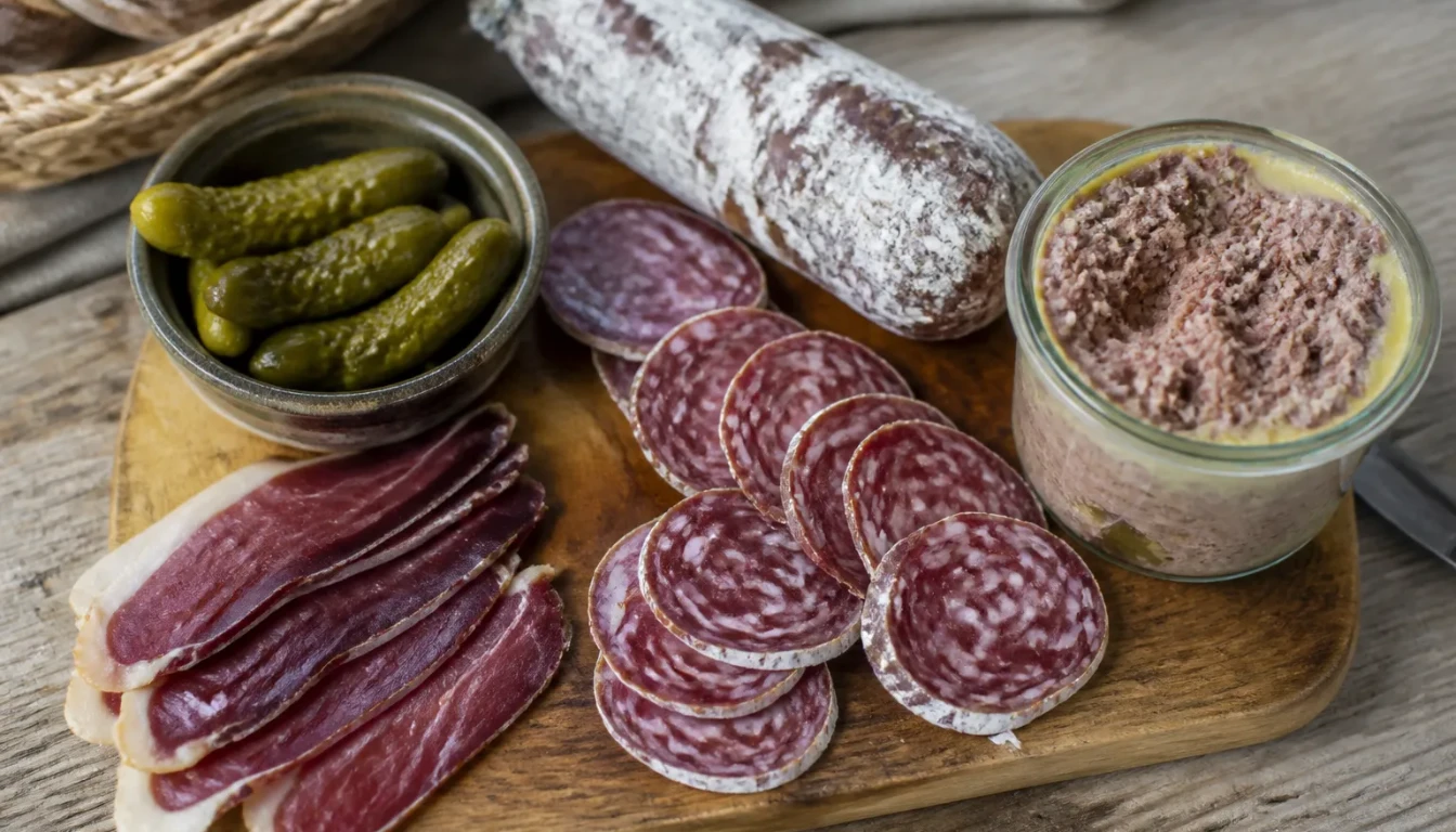 Charcuterie auvergnate : saucisson, terrines et viande salée sur planche rustique