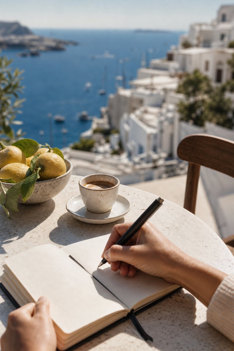Main qui écrit dans un carnet à une table de café face à la mer