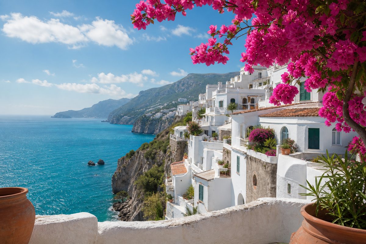 Village méditerranéen blanc au-dessus d'une mer turquoise, bougainvilliers en fleurs
