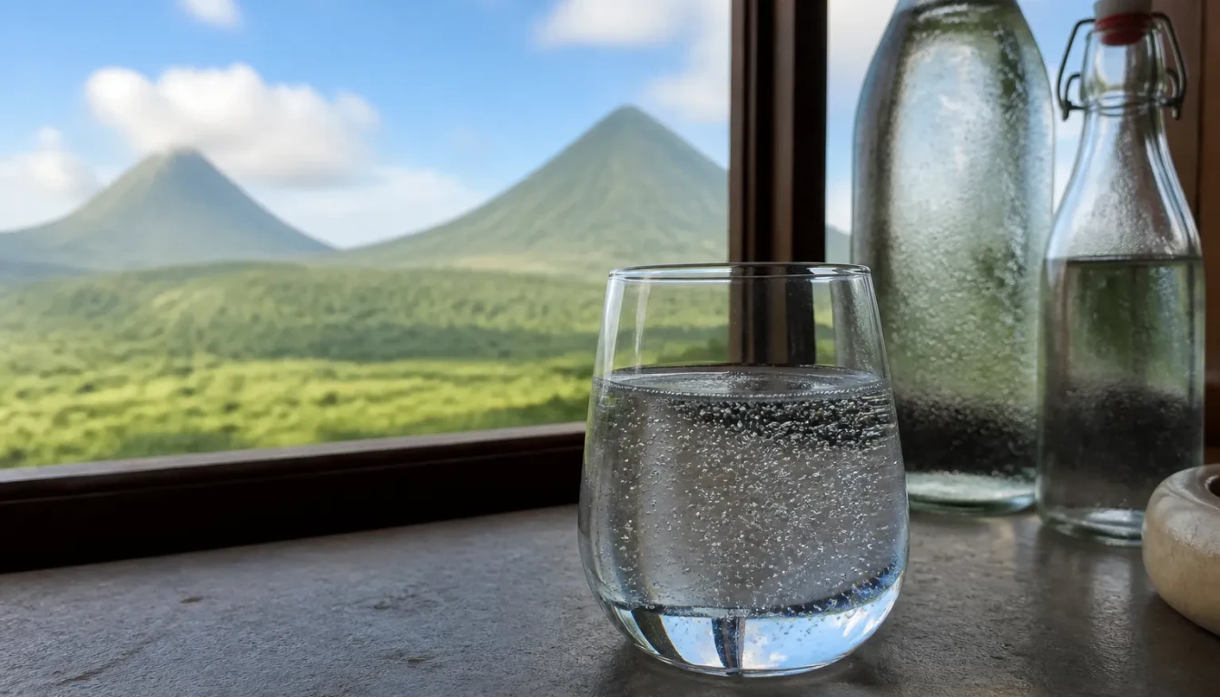 Verre d'eau minérale pétillante d'Auvergne devant un paysage de volcans