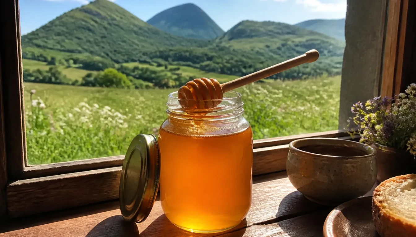 Pot de miel des volcans d'Auvergne devant les prairies naturelles