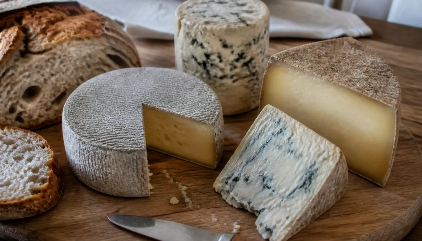 Plateau des fromages AOP d'Auvergne sur planche en bois, saint-nectaire et fourme