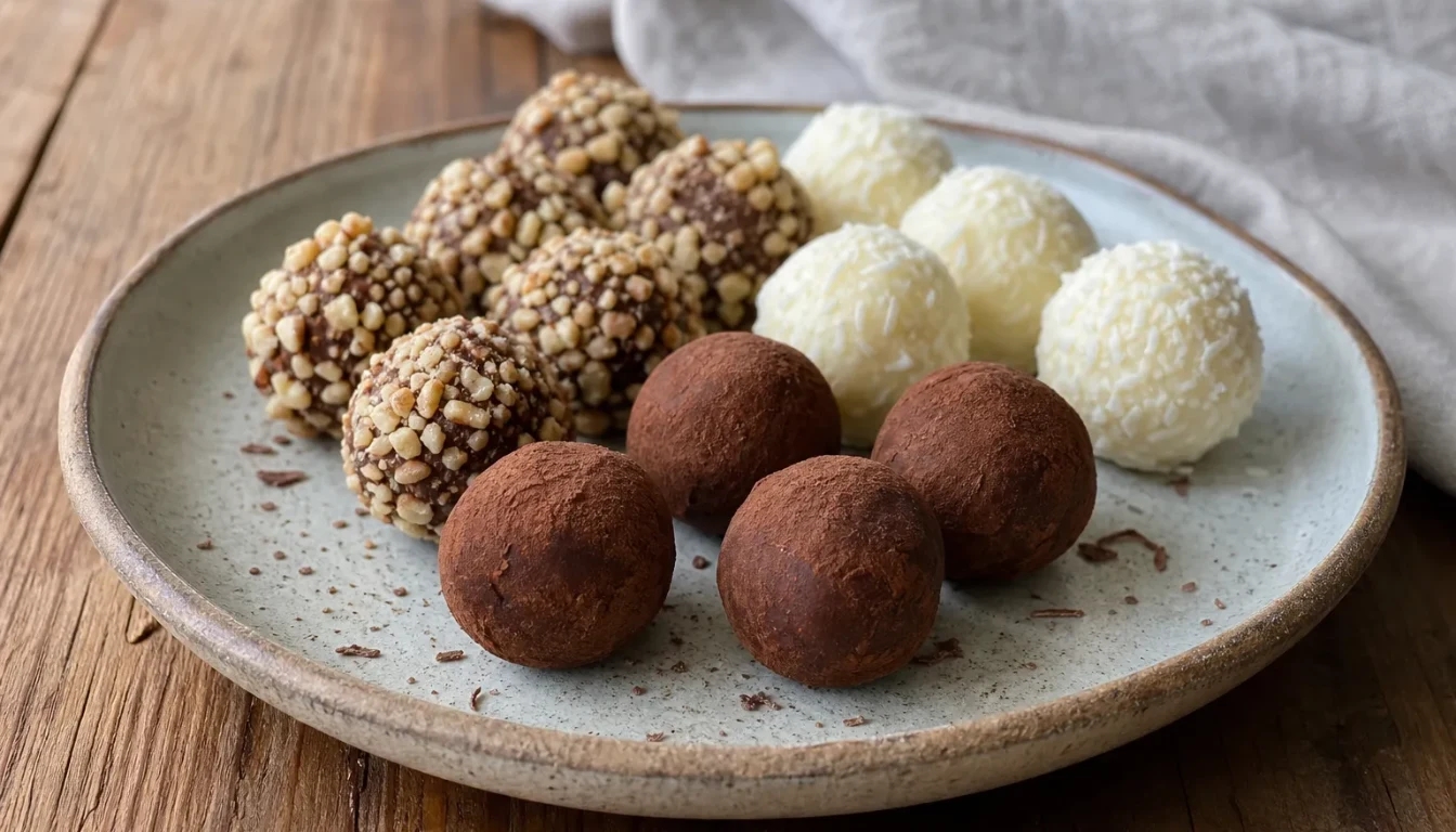 Assortiment de truffes au chocolat noir, au lait et blanc